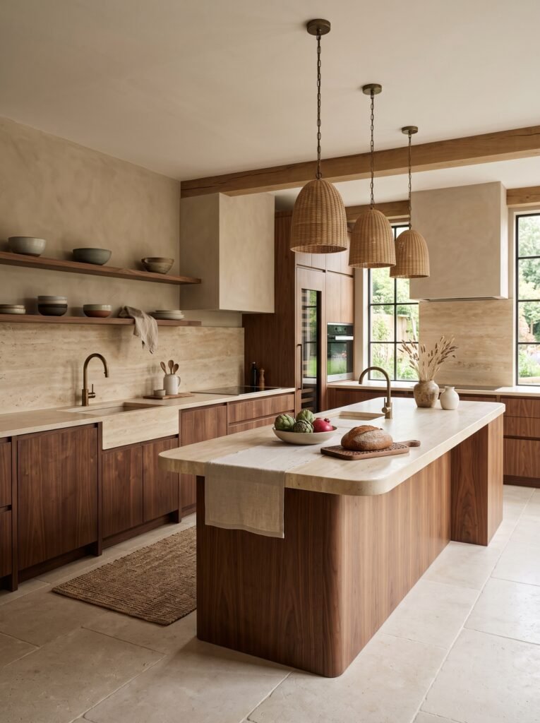 Natural walnut and travertine modern kitchen with long island