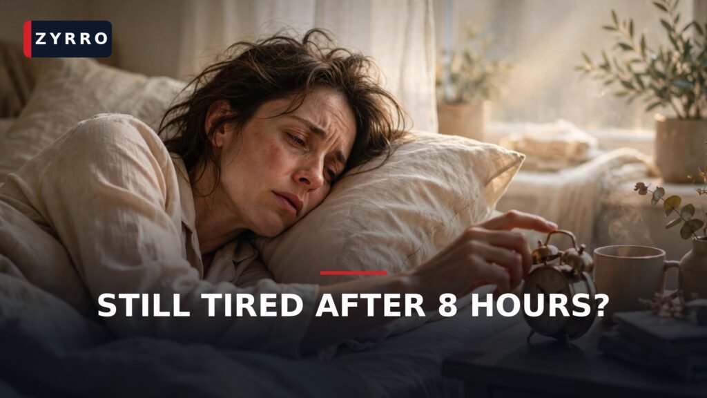 Woman waking up exhausted after 8 hours of sleep, reaching for her alarm clock