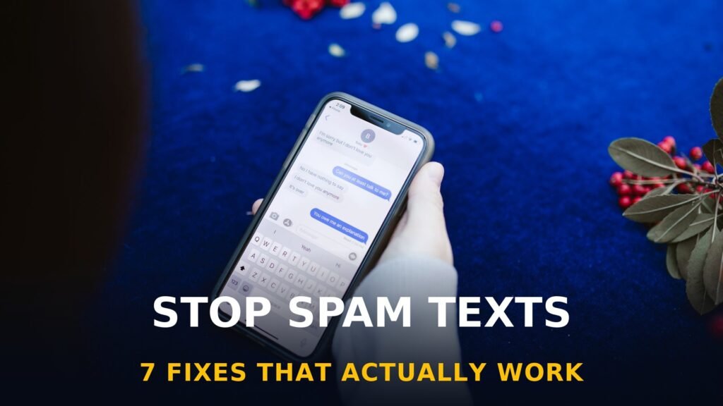 Person holding smartphone showing text messages — how to stop spam texts guide