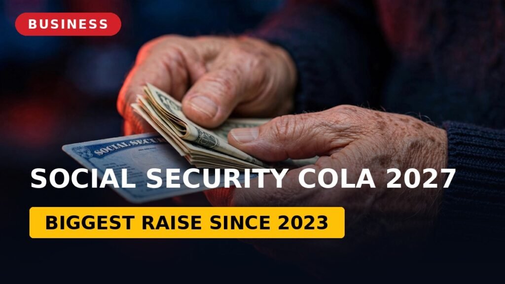 Social Security COLA 2027 projection — elderly hands holding US dollar bills and a Social Security card