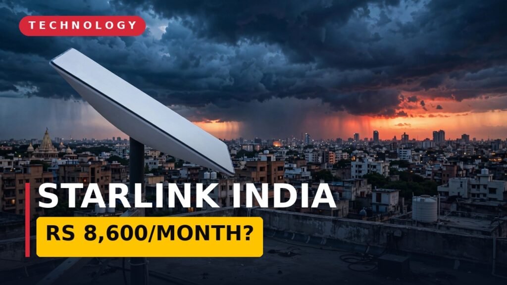 Starlink India price: satellite dish over an Indian city skyline at dusk.