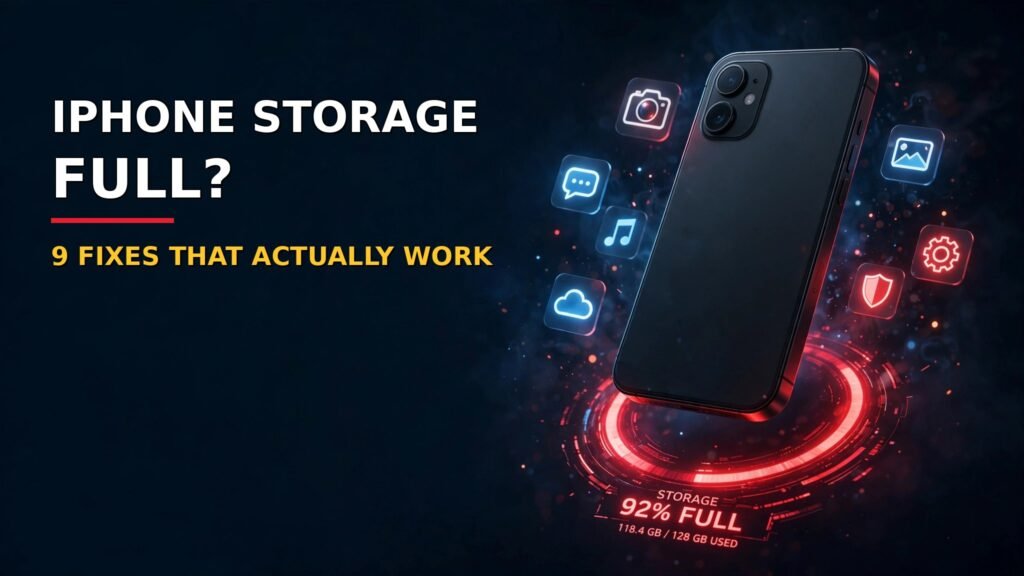 How to free up storage on iPhone: iPhone showing 92% full storage gauge with floating app icons