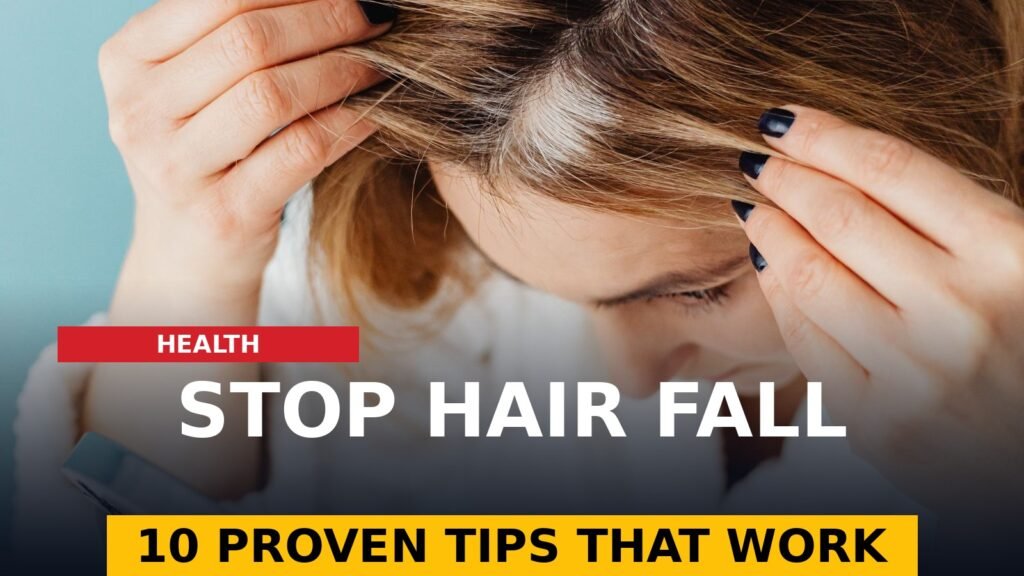 Woman examining her scalp for hair thinning — how to stop hair fall (illustrative photo)