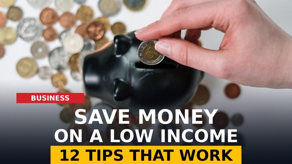 Hand placing a coin into a black piggy bank — how to save money on a low income