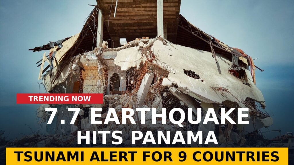 Collapsed building and rubble after an earthquake, illustrating the damage from the Panama earthquake