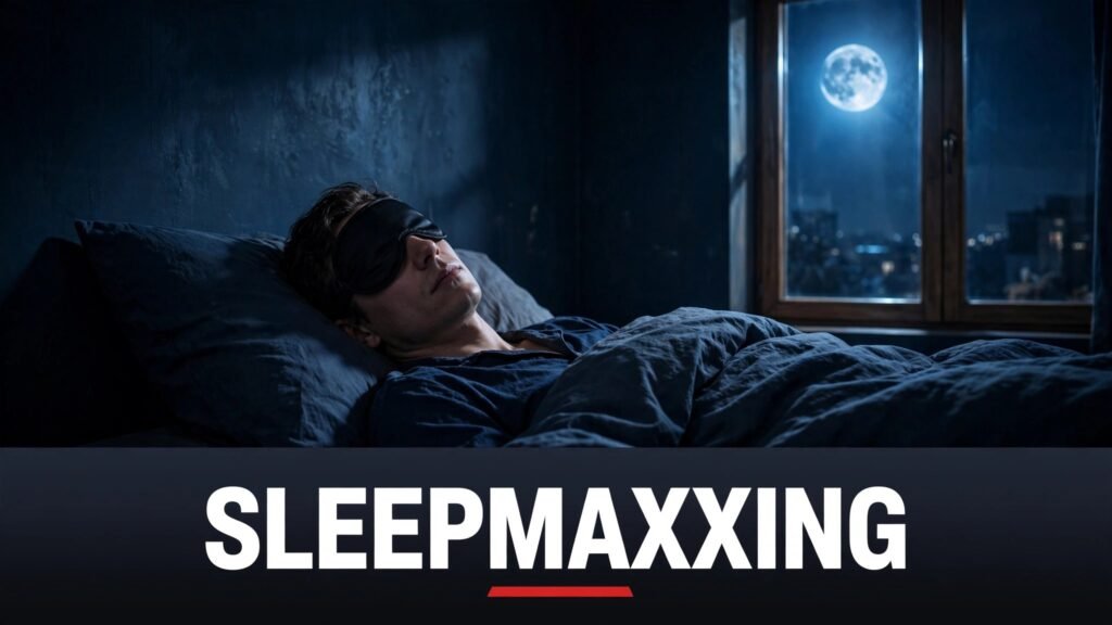 Sleepmaxxing trend — person sleeping with blackout sleep mask in dark bedroom, SLEEPMAXXING headline overlay
