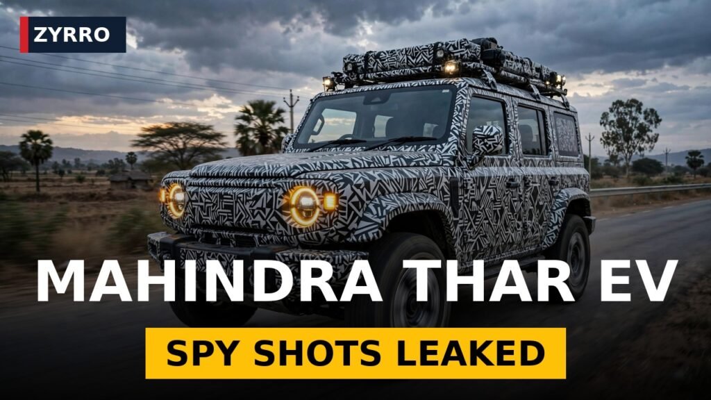 Mahindra Thar EV spy shots showing the camouflaged five-door electric test mule on public roads