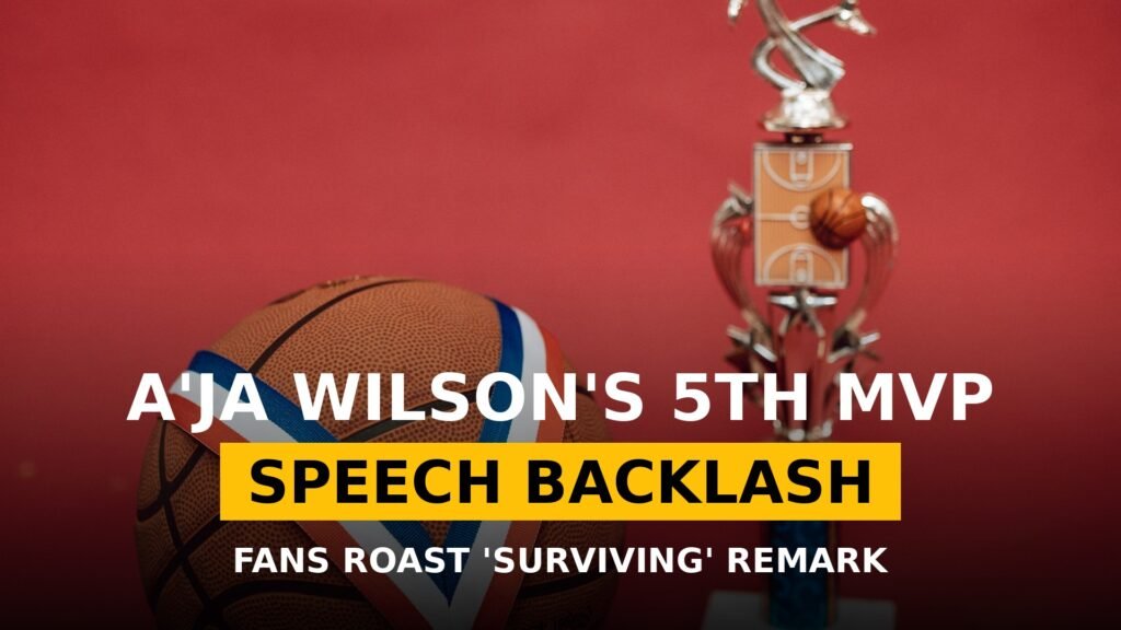 A'ja Wilson MVP speech backlash - basketball trophy and medal on red background.