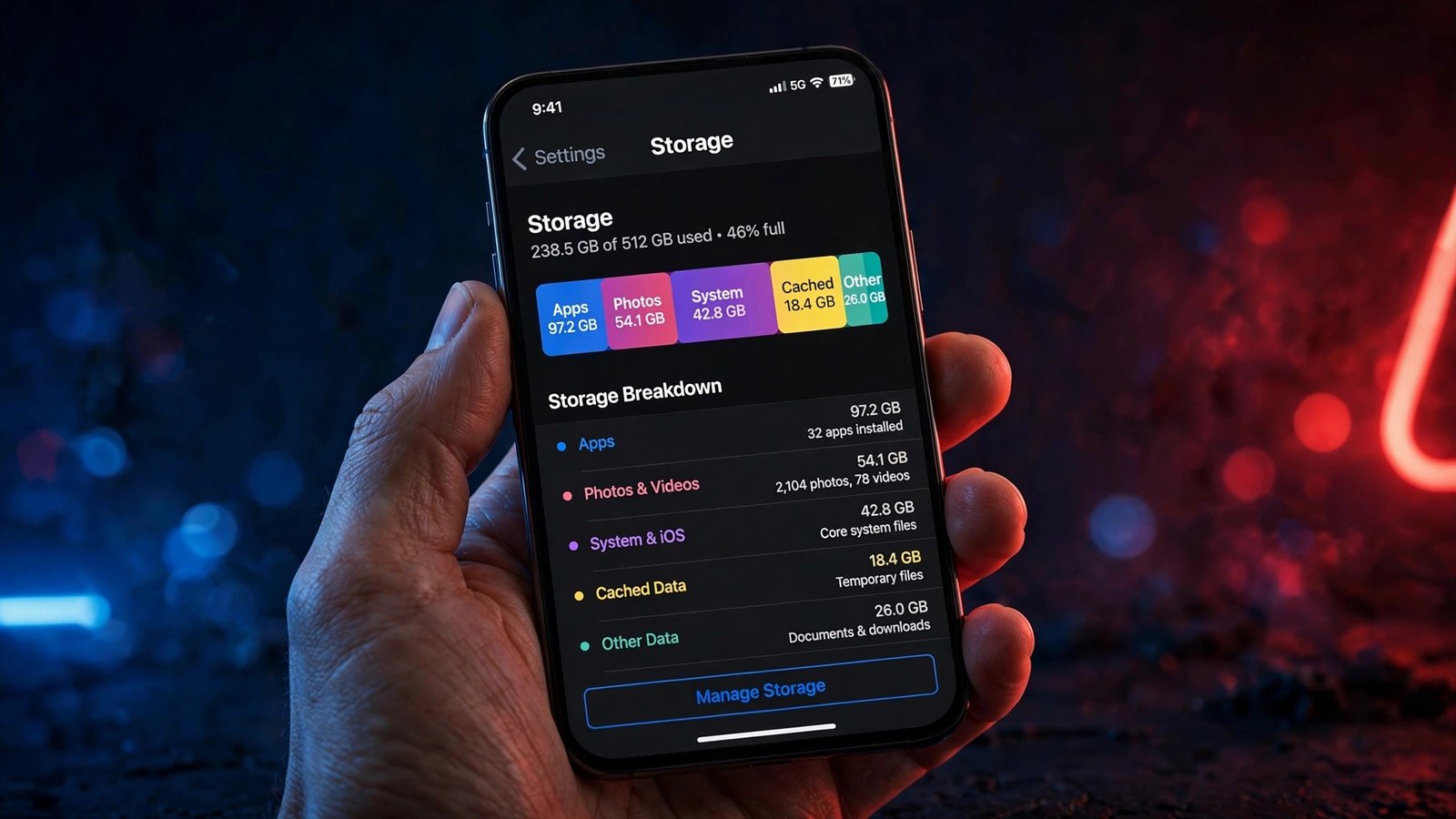 iPhone Storage settings screen showing a color-coded usage breakdown by app