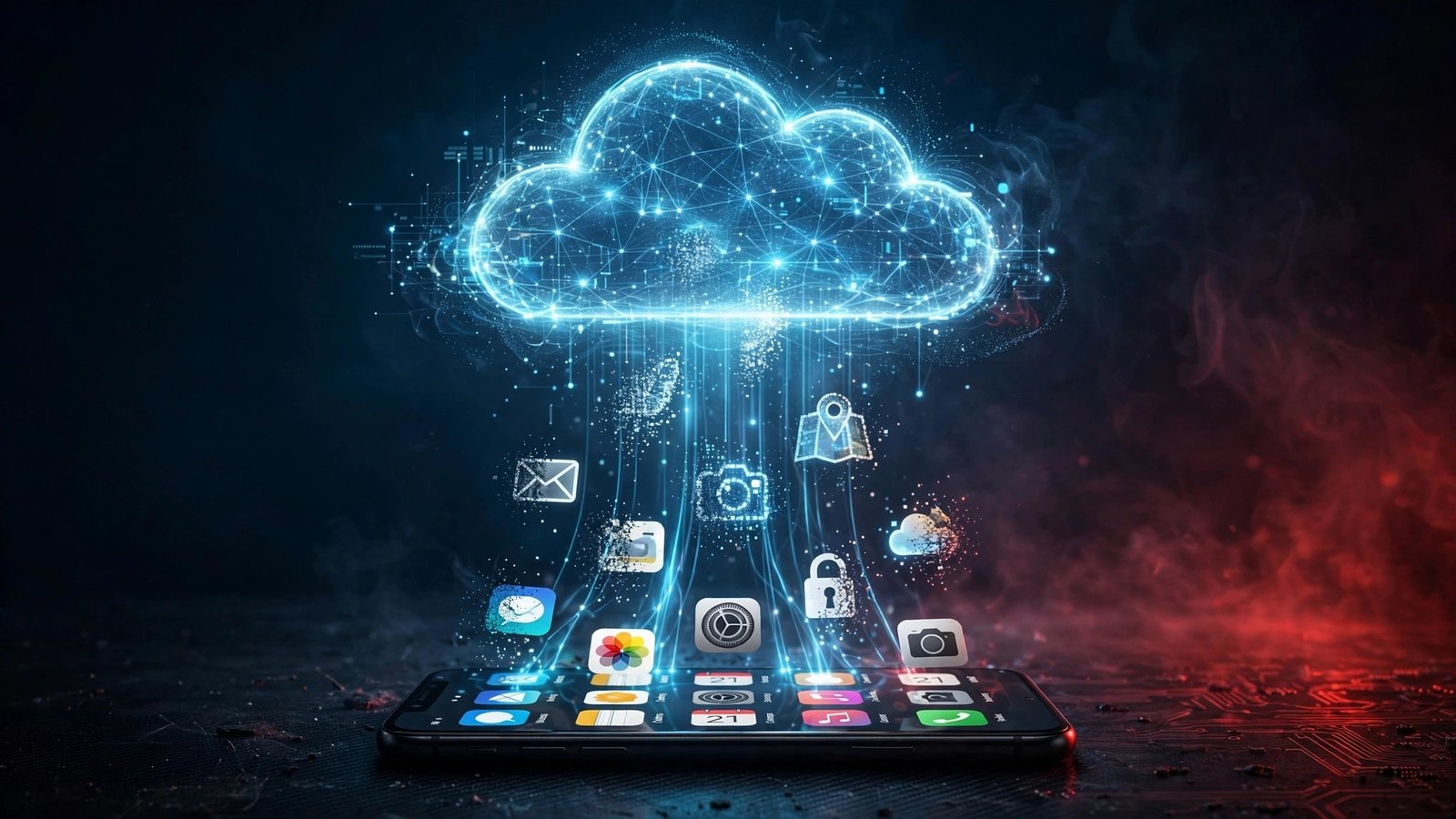 iPhone with cloud storage concept showing photos syncing to iCloud