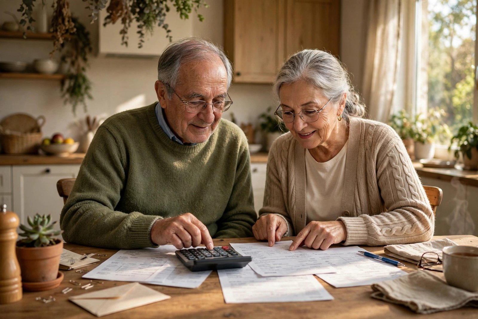 Retired couple reviewing bills and budget with a calculator at home