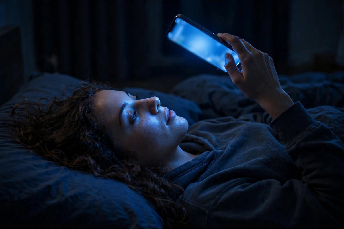Person scrolling on a glowing phone in bed at night, blue light disrupting sleep
