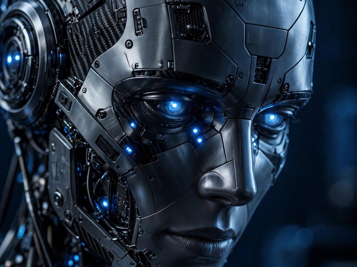 Humanoid robot head with glowing blue eyes, illustrating Claude AI and Anthropic's model welfare research