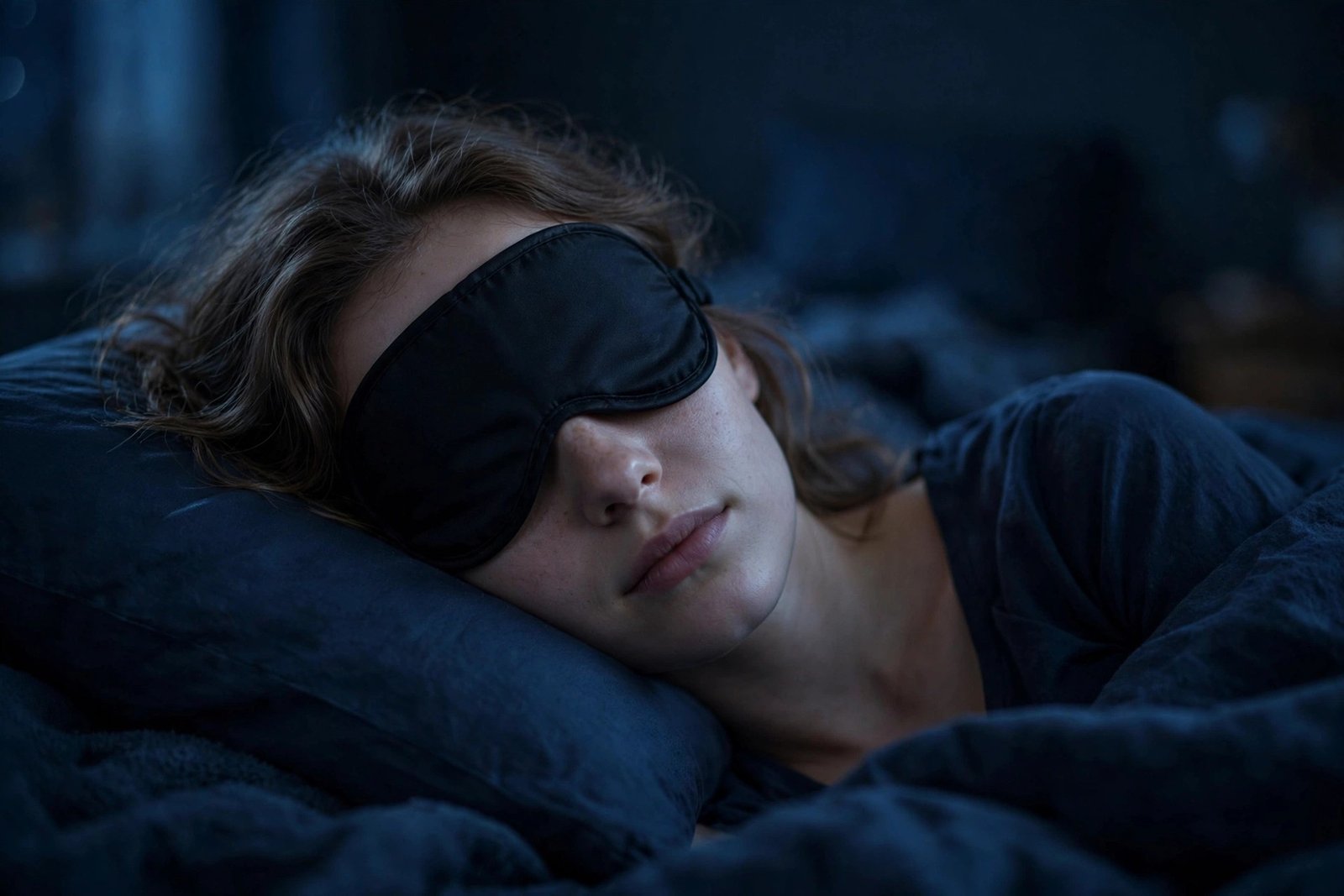 Young woman wearing a blackout sleep mask for sleepmaxxing routine