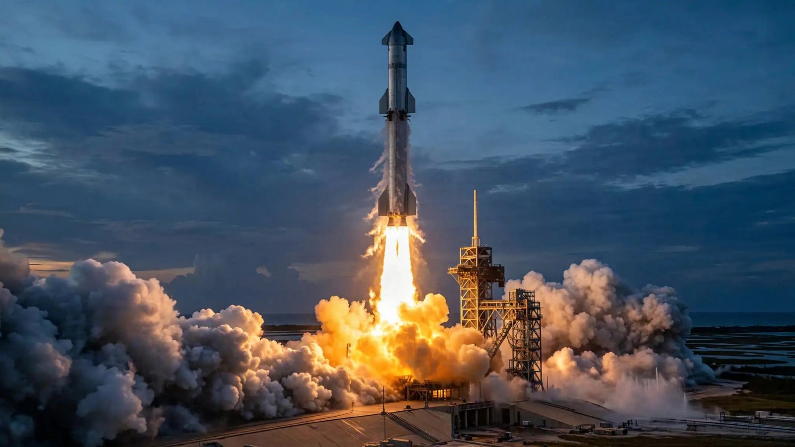 SpaceX Starship rocket lifting off at dusk after reaching orbit