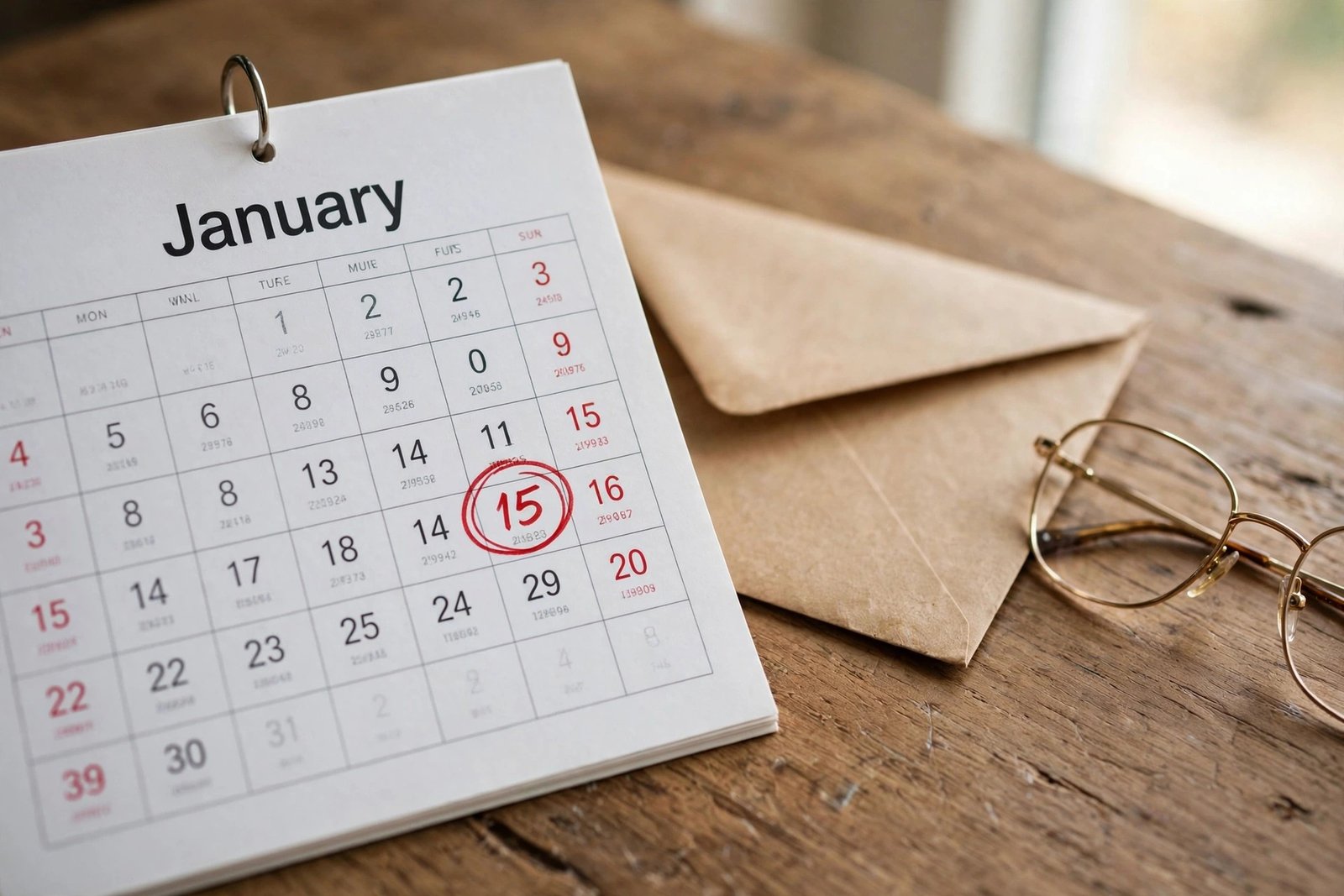 January calendar with a circled date marking first bigger Social Security payments in 2027