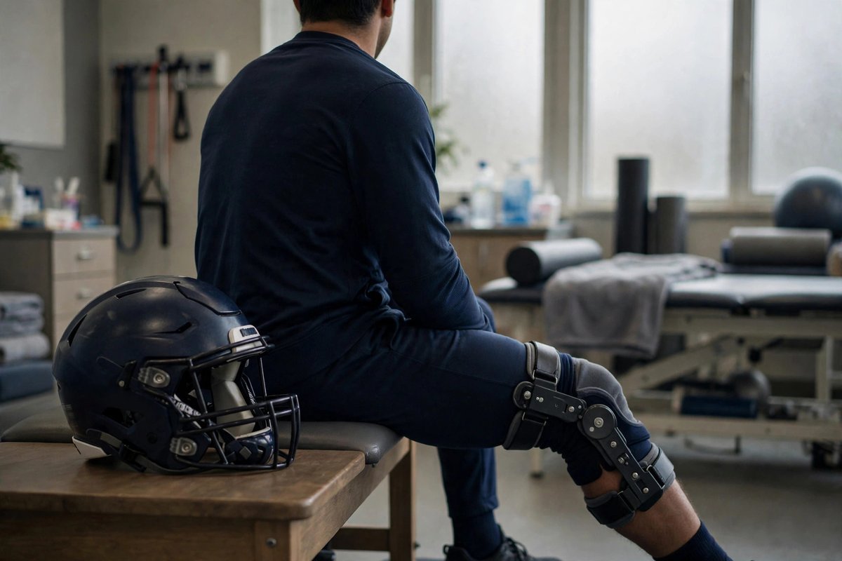 Injured football player wearing a knee brace during a rehabilitation session