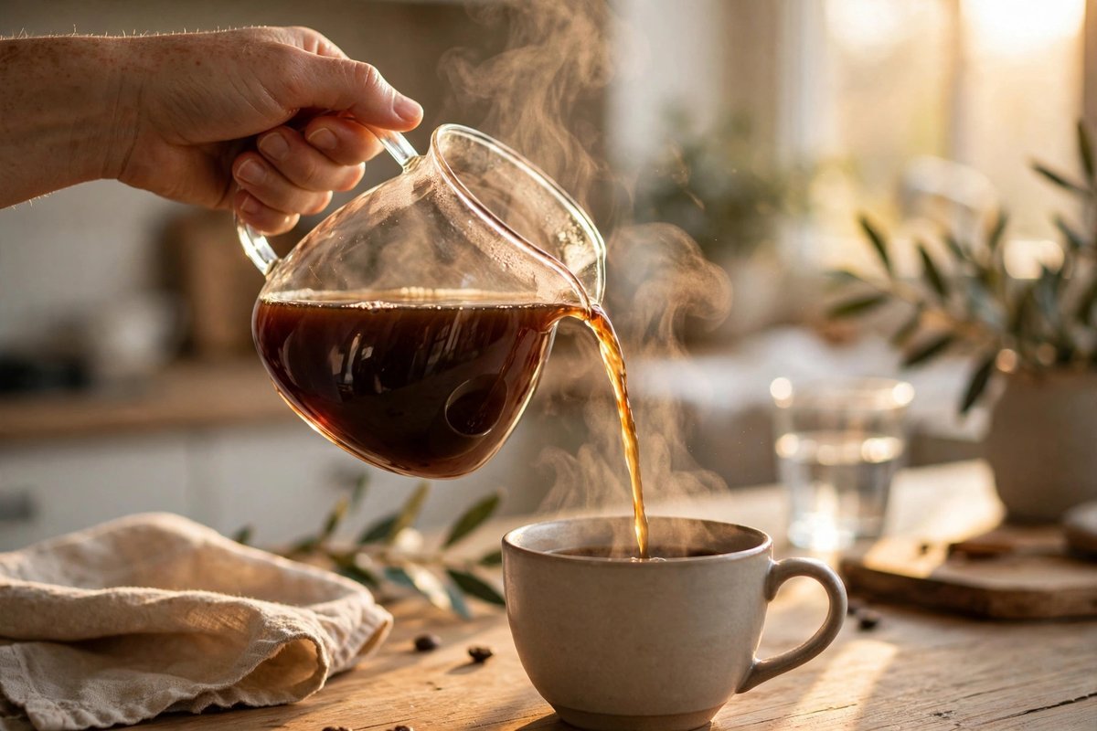 Hand pouring a late-afternoon coffee that can linger in the bloodstream at bedtime