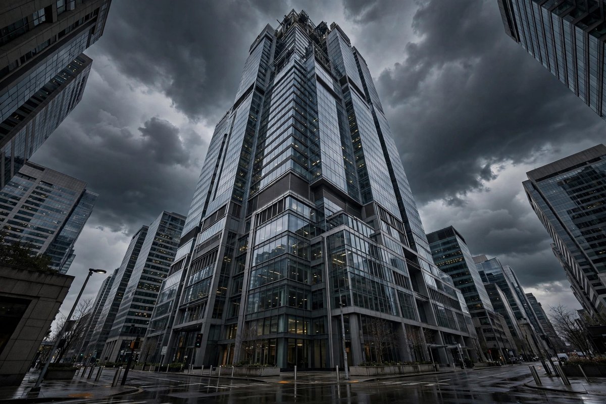 Bank of America branch and skyscrapers representing the $1.2 billion fine for money laundering failures