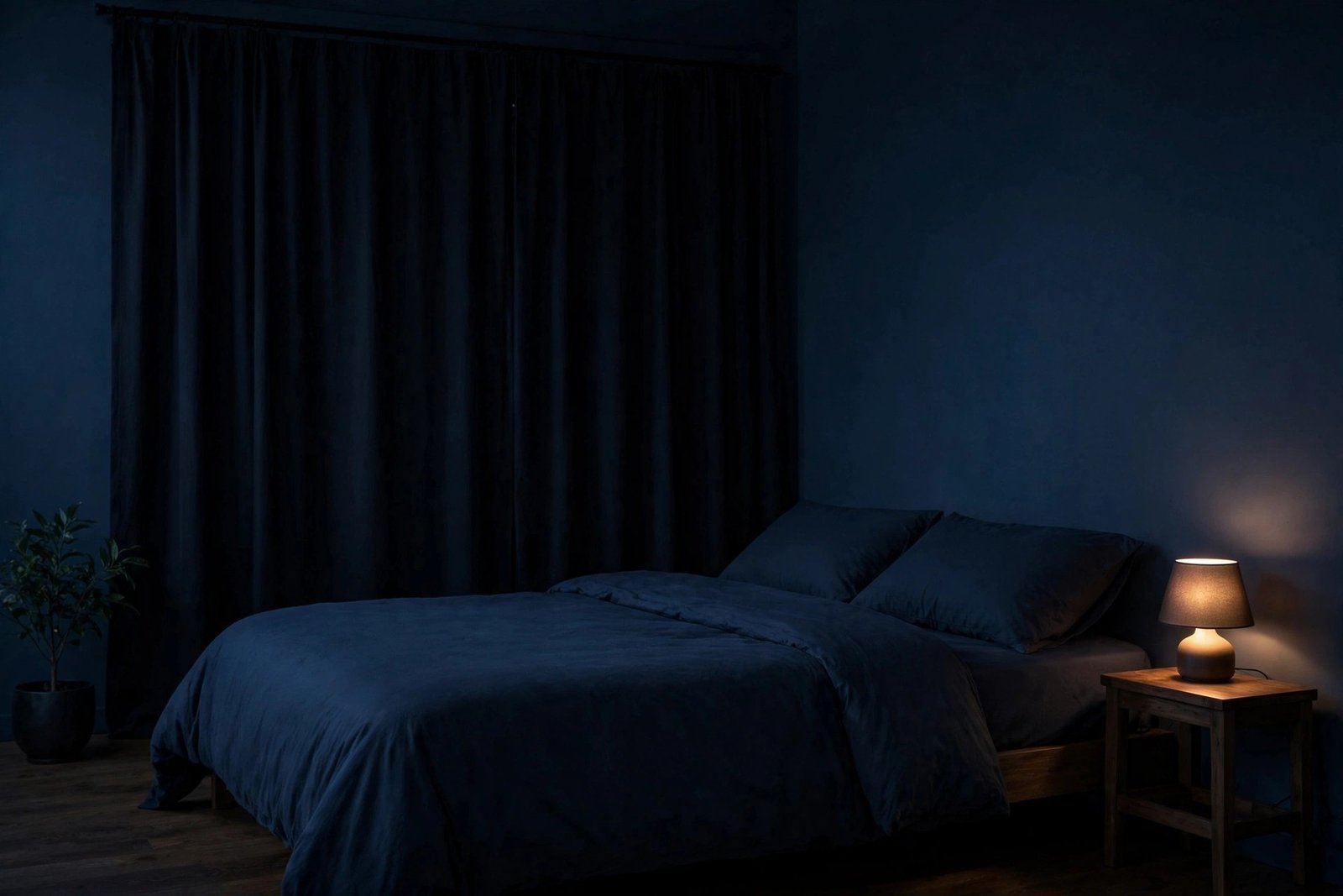 Dark cool bedroom setup with blackout curtains for optimal sleep hygiene