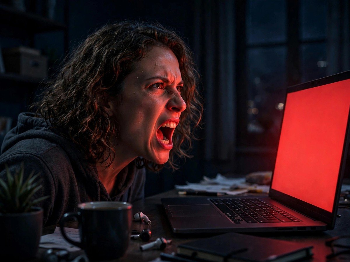 Frustrated user shouting at a laptop, representing ordinary user frustration that Anthropic's new Claude policy still allows