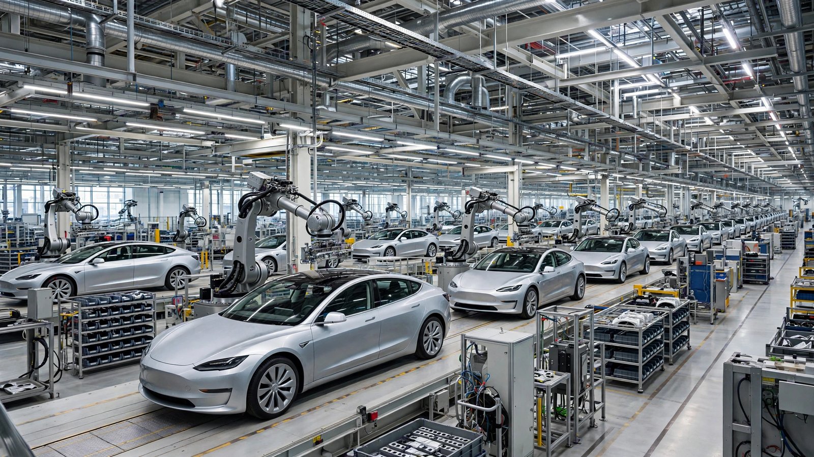 Tesla electric vehicle factory production line with robotic arms