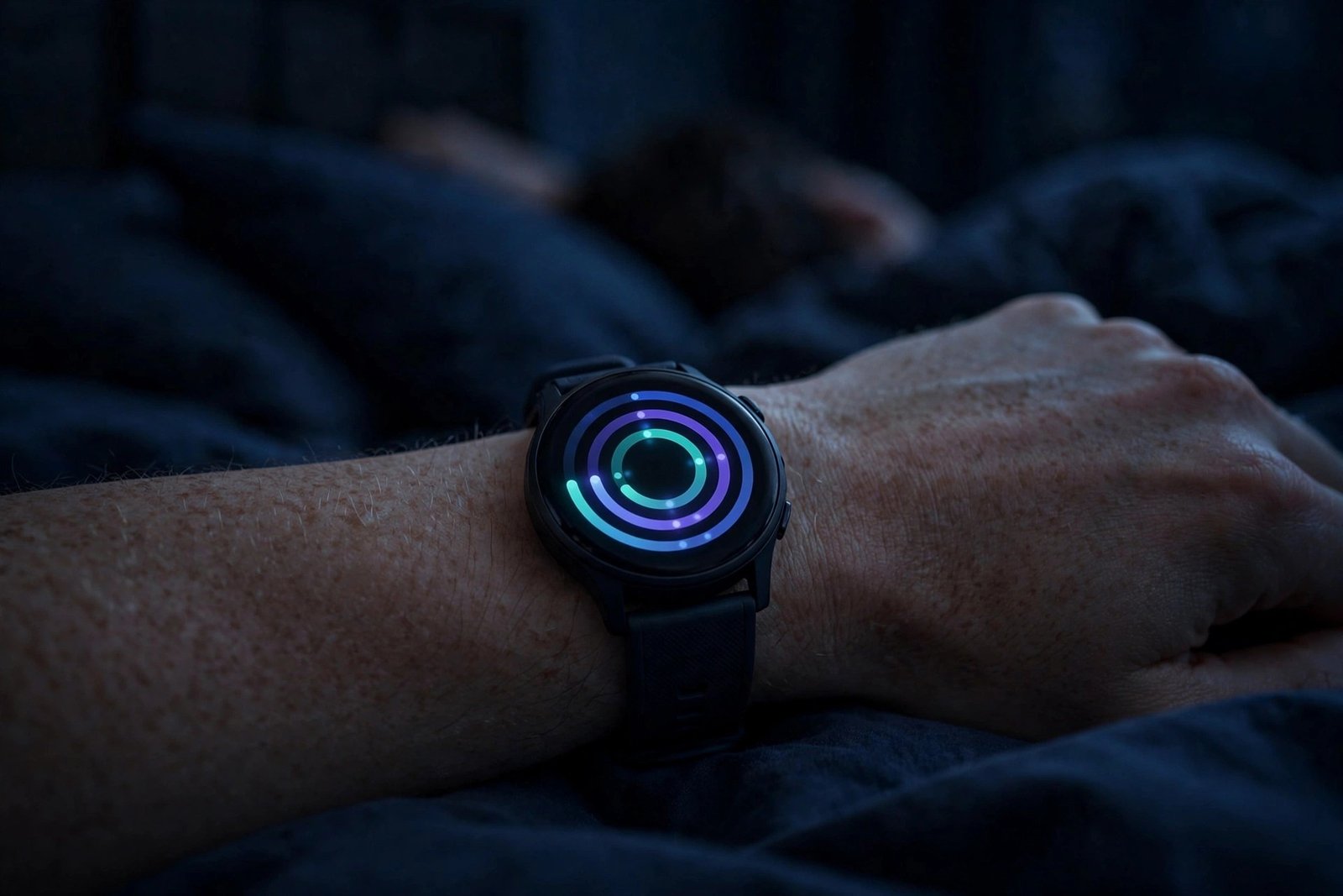 Smartwatch displaying sleep tracking score on wrist at night