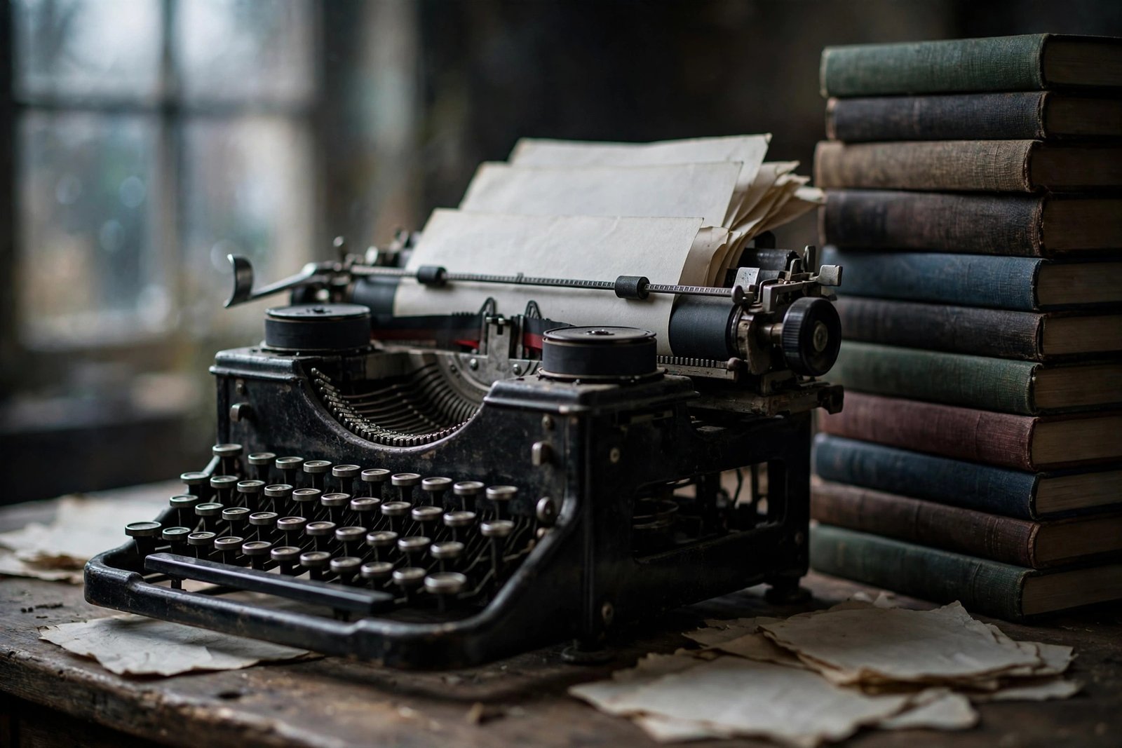 Vintage typewriter on a writer's desk, evoking Jeffrey Archer's fifty years of storytelling