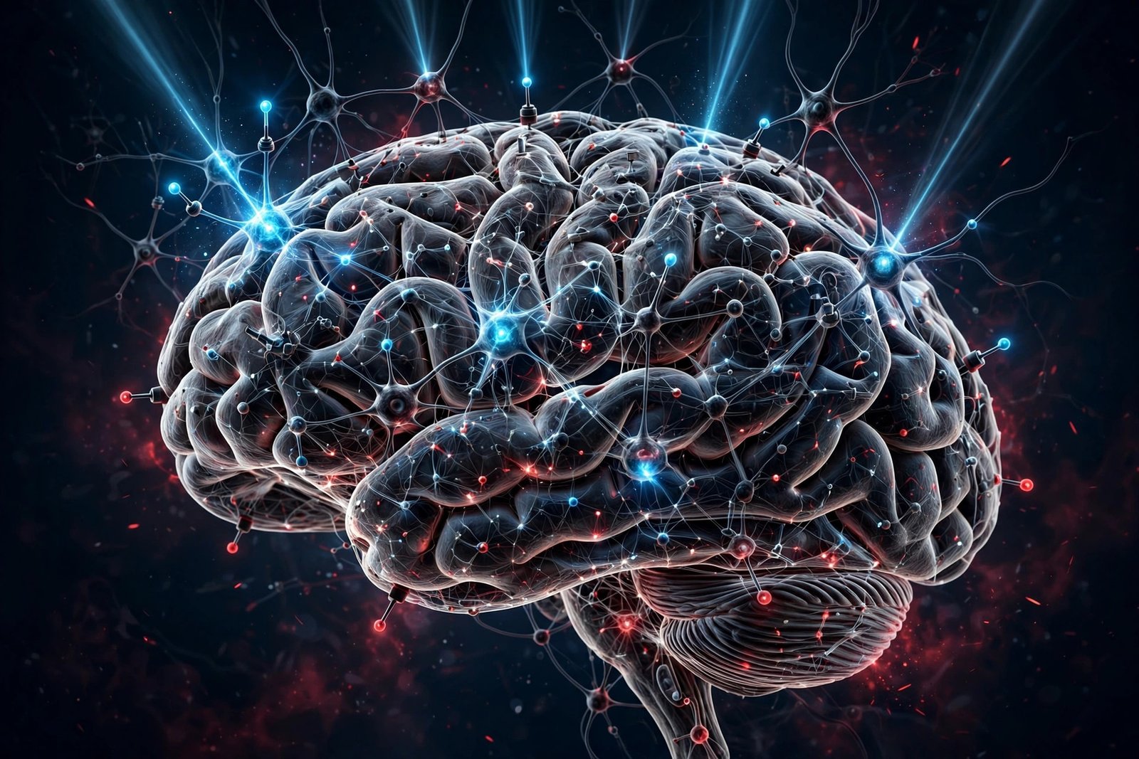 Scientific illustration of light beams switching individual neurons on and off in the human brain