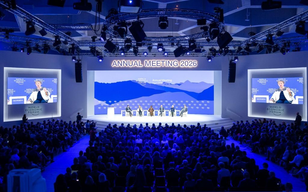 World Economic Forum Annual Meeting 2026 stage in Davos, where Mark Carney's January speech drew a standing ovation