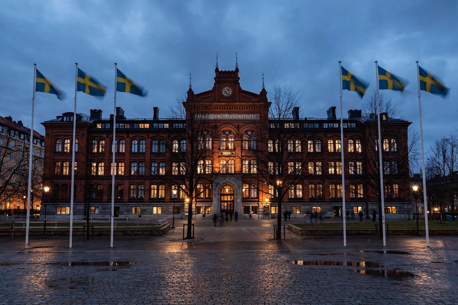 The Karolinska Institute in Stockholm at dusk, where the 2026 Nobel Prize in Medicine was announced