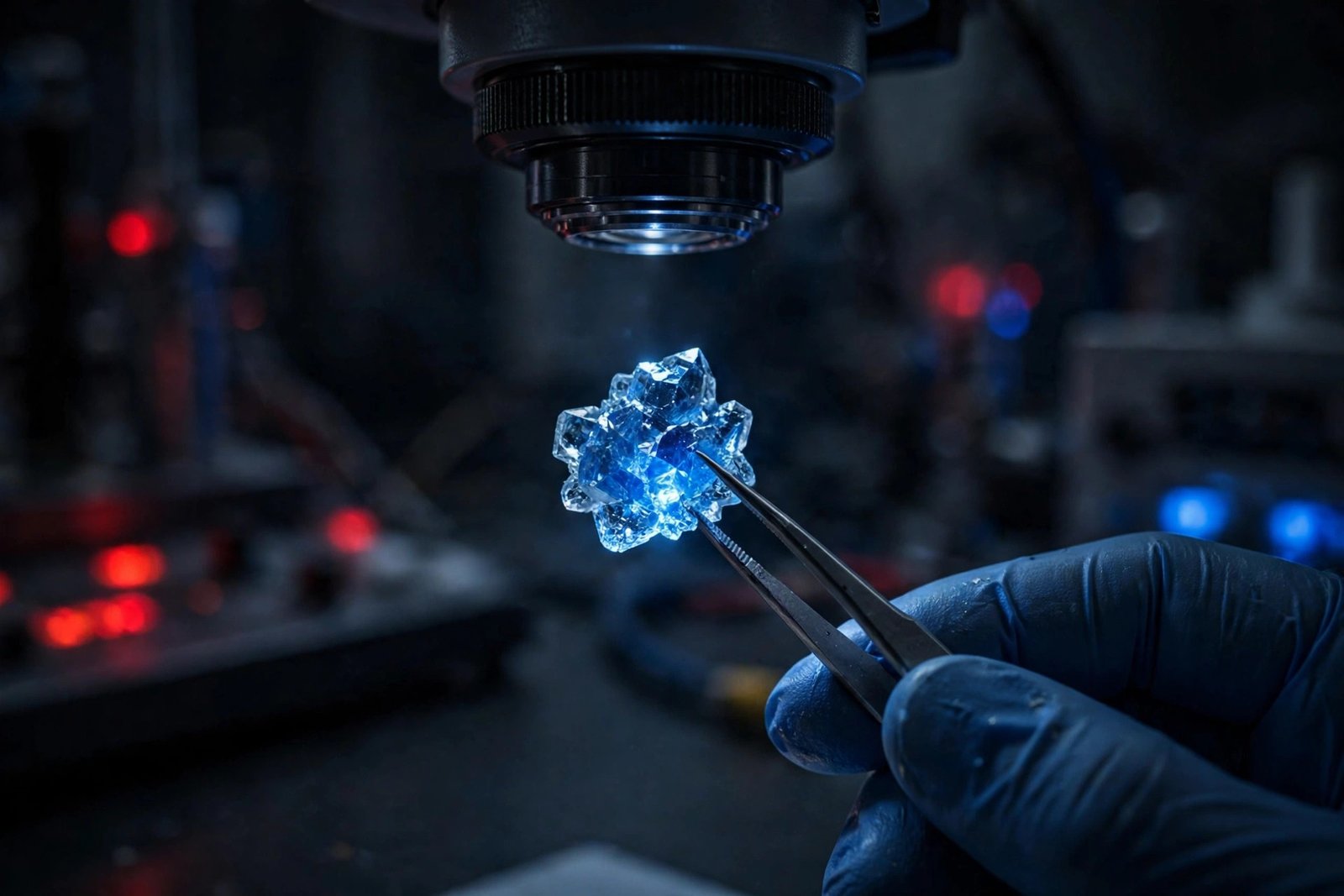 Glowing crystalline material sample in a physics laboratory representing multiferroics research tipped for the 2026 Nobel Prize in Physics