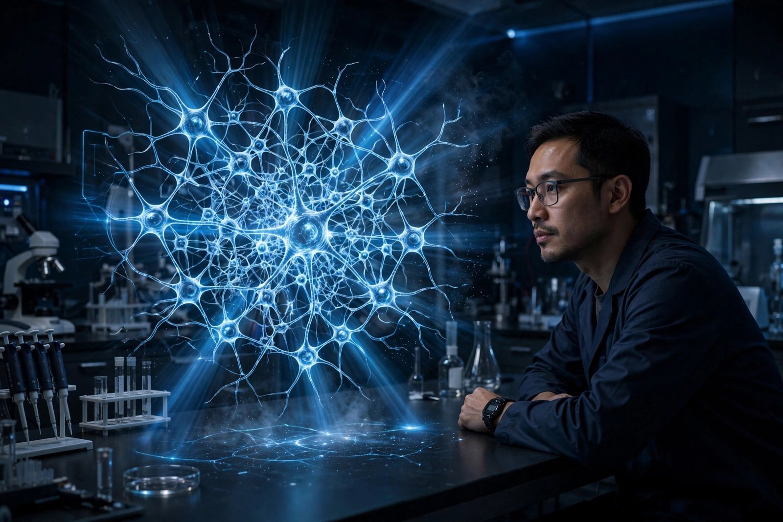 Researcher in a neuroscience laboratory observing glowing neurons illuminated by blue light beams