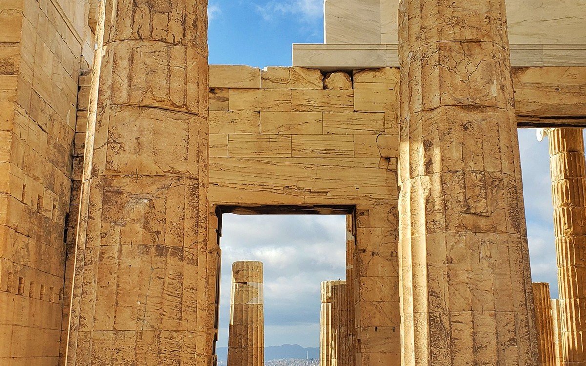 Ancient Greek columns in Athens, evoking the classical tradition in Anne Carson's work