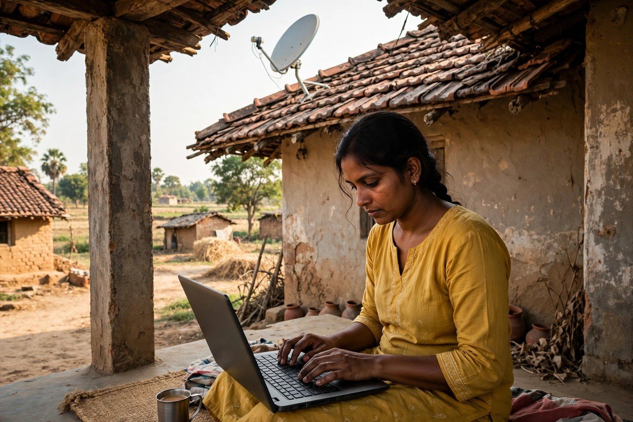 Person using a laptop in a rural village where the Starlink India price could be worth paying