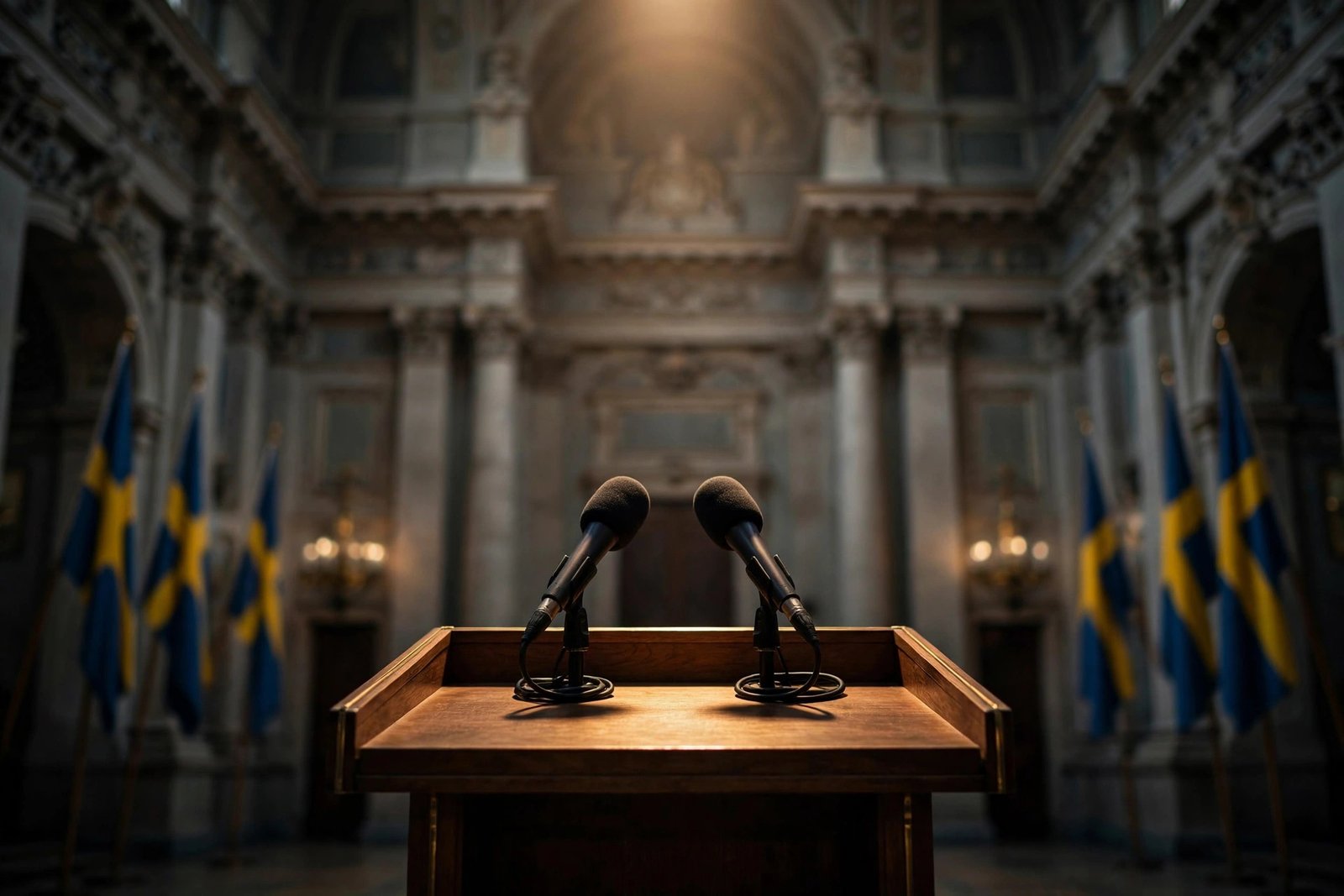 Announcement hall in Stockholm with Swedish flags and podium where the Nobel Prize in Physics 2026 winners will be revealed