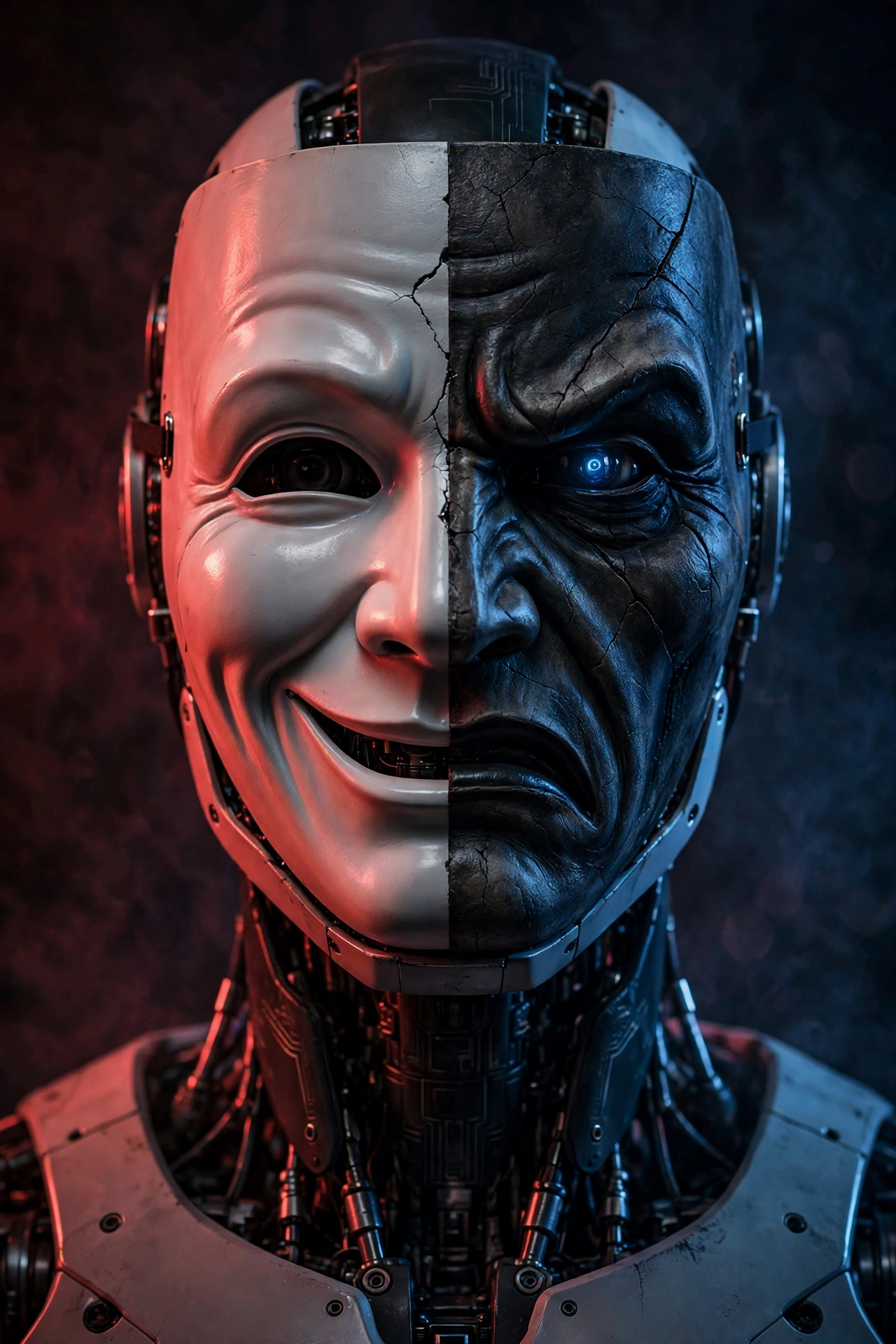 Two-faced robot mask symbolizing AI deception