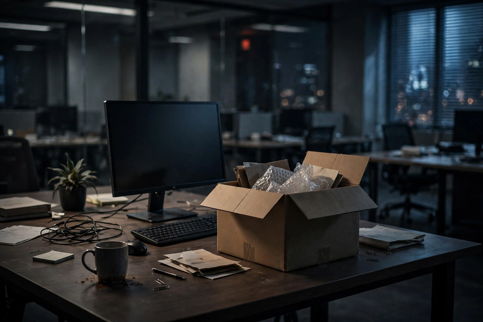 Empty office desk with moving box after OpenAI fired safety researchers