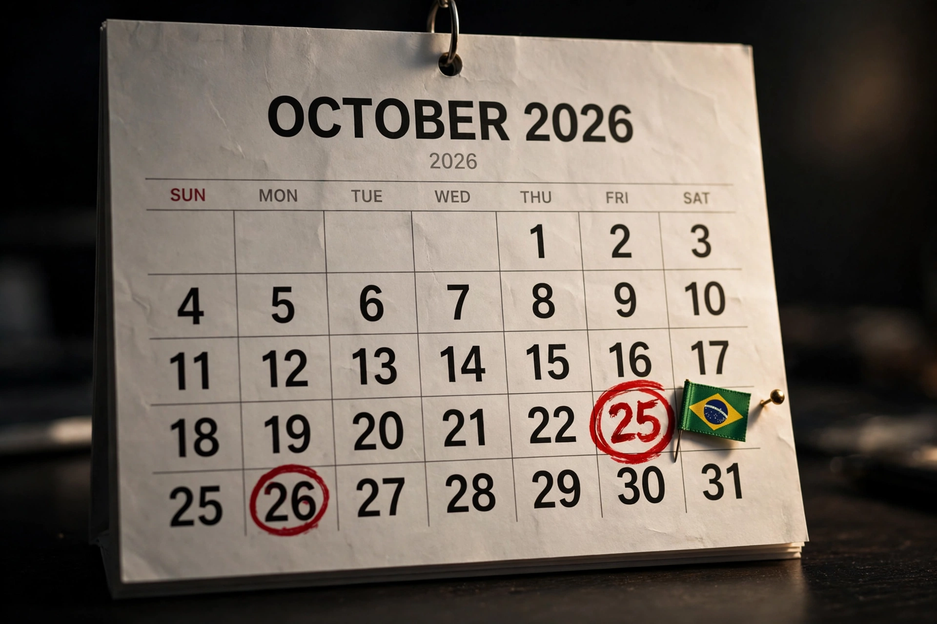 October 25, 2026 circled on a calendar — the date of Brazil's presidential election runoff