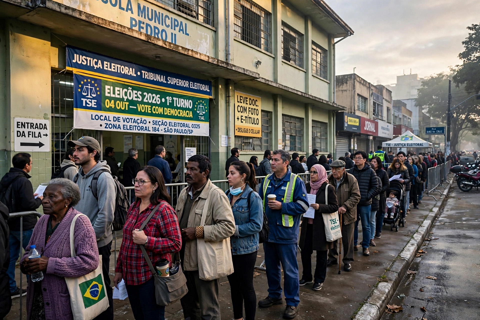Voters queue at polling stations during the first round of Brazil's 2026 presidential election