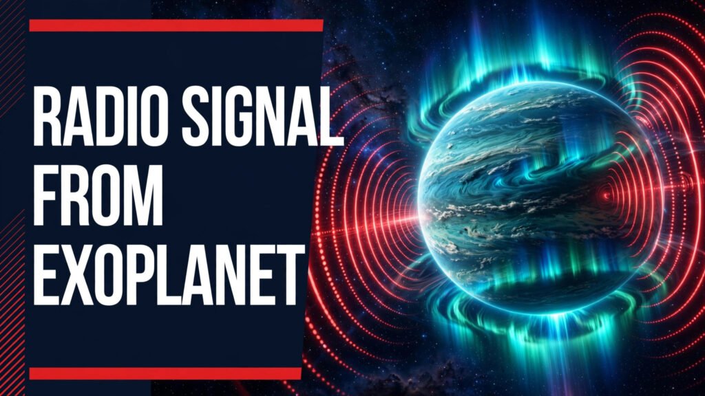 Illustration of exoplanet Beta Pictoris b with radio signal waves and aurora
