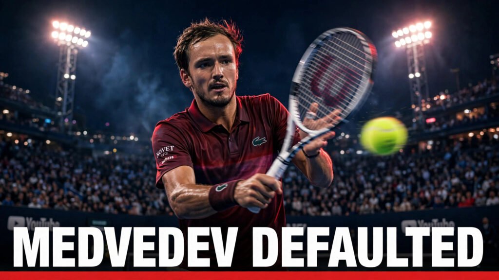 Medvedev defaulted at China Open 2026: tennis player under stadium lights with 'MEDVEDEV DEFAULTED' headline