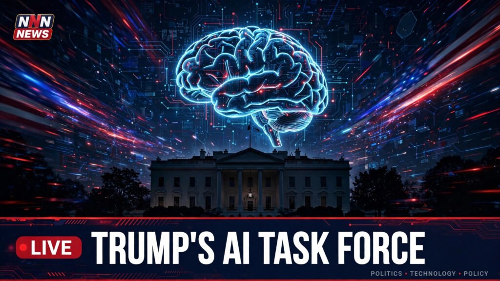 Illustration of the White House with a glowing AI brain and the headline Trump's AI Task Force