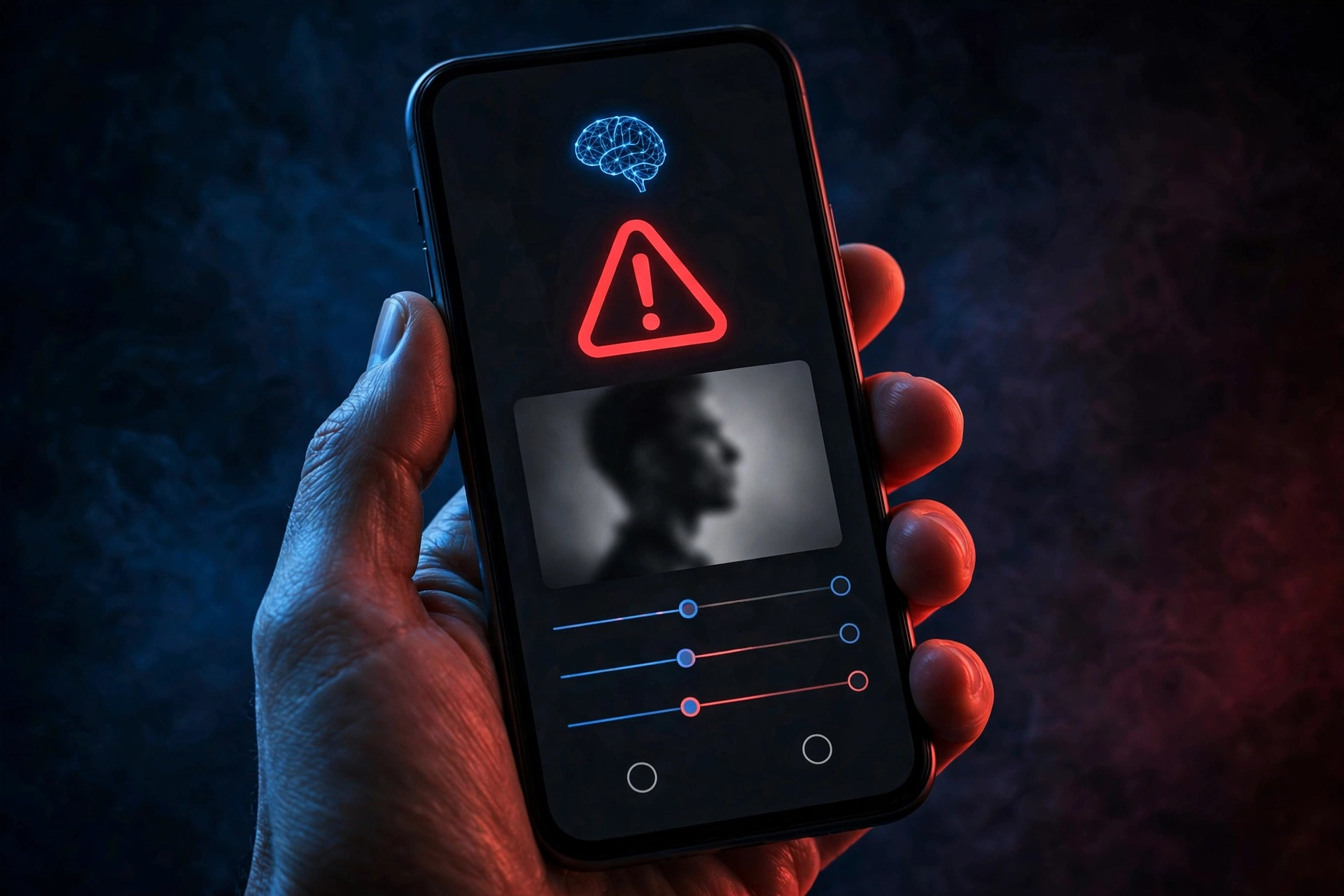 AI photo editing app with warning symbol representing Grok image tool misuse