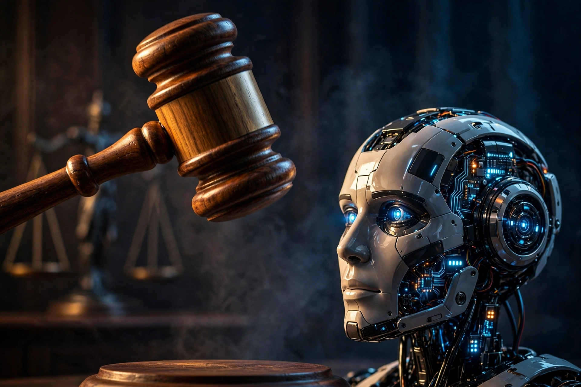 Judge gavel and AI robot representing regulation of artificial intelligence