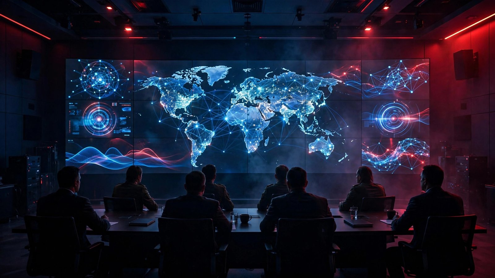 Officials in a government command center monitoring AI dashboards