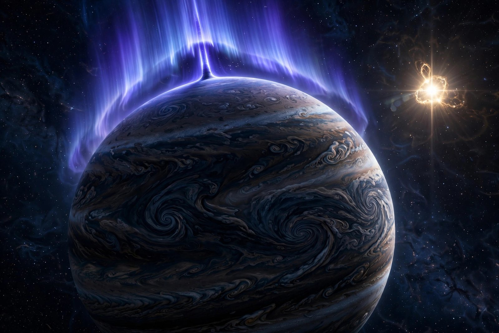 Artist impression of a giant exoplanet wrapped in glowing blue aurora