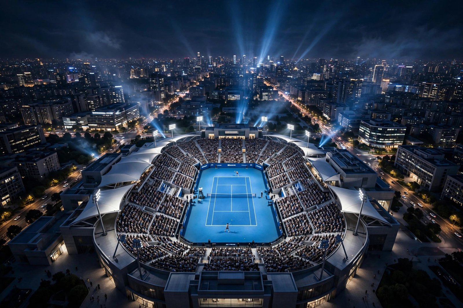 Beijing National Tennis Center stadium at night during the China Open 2026 semifinals