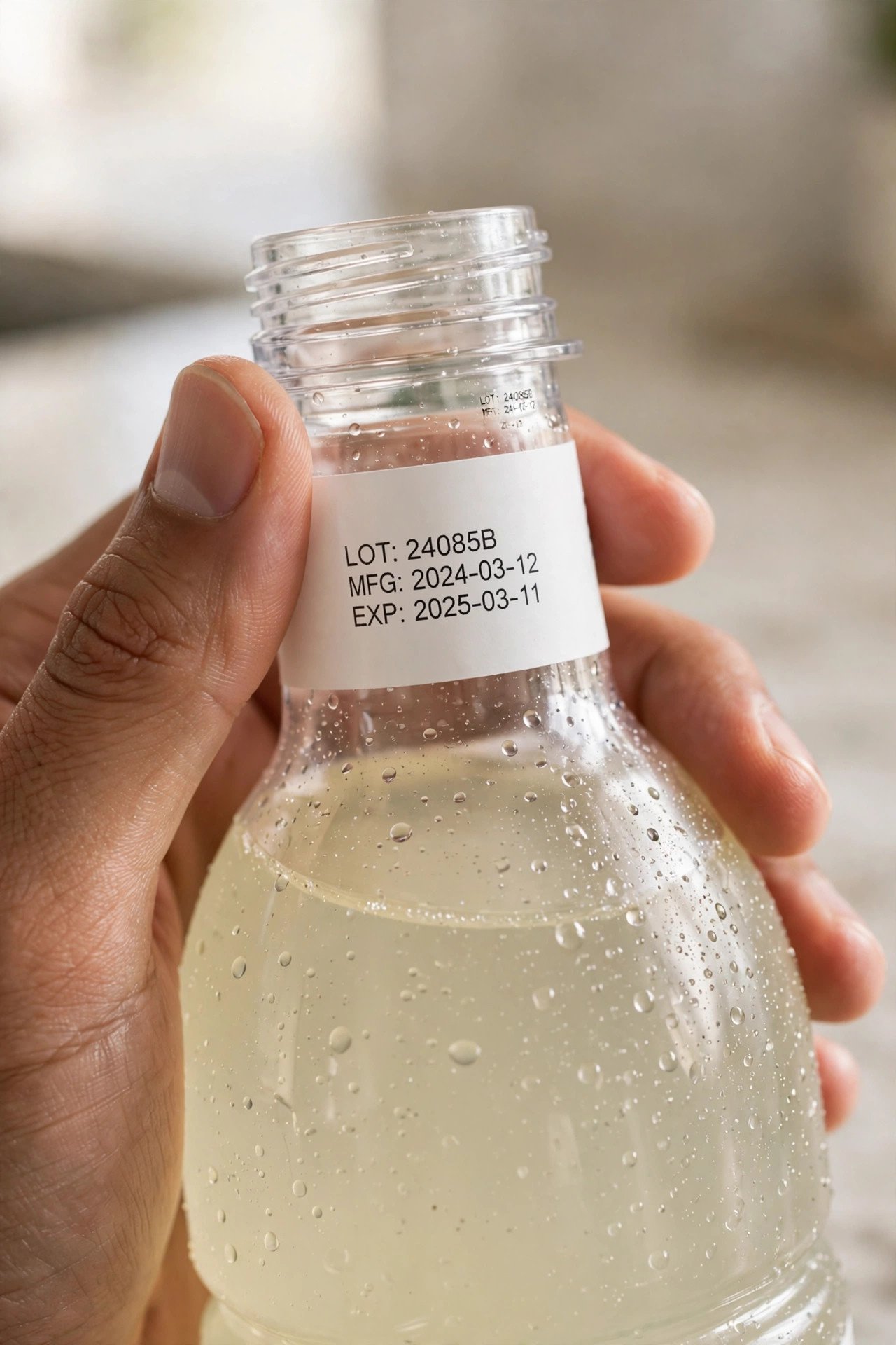 Hand holding a 28-ounce Gatorade bottle showing the lot code printed on the neck label, used to check the 2026 recall list