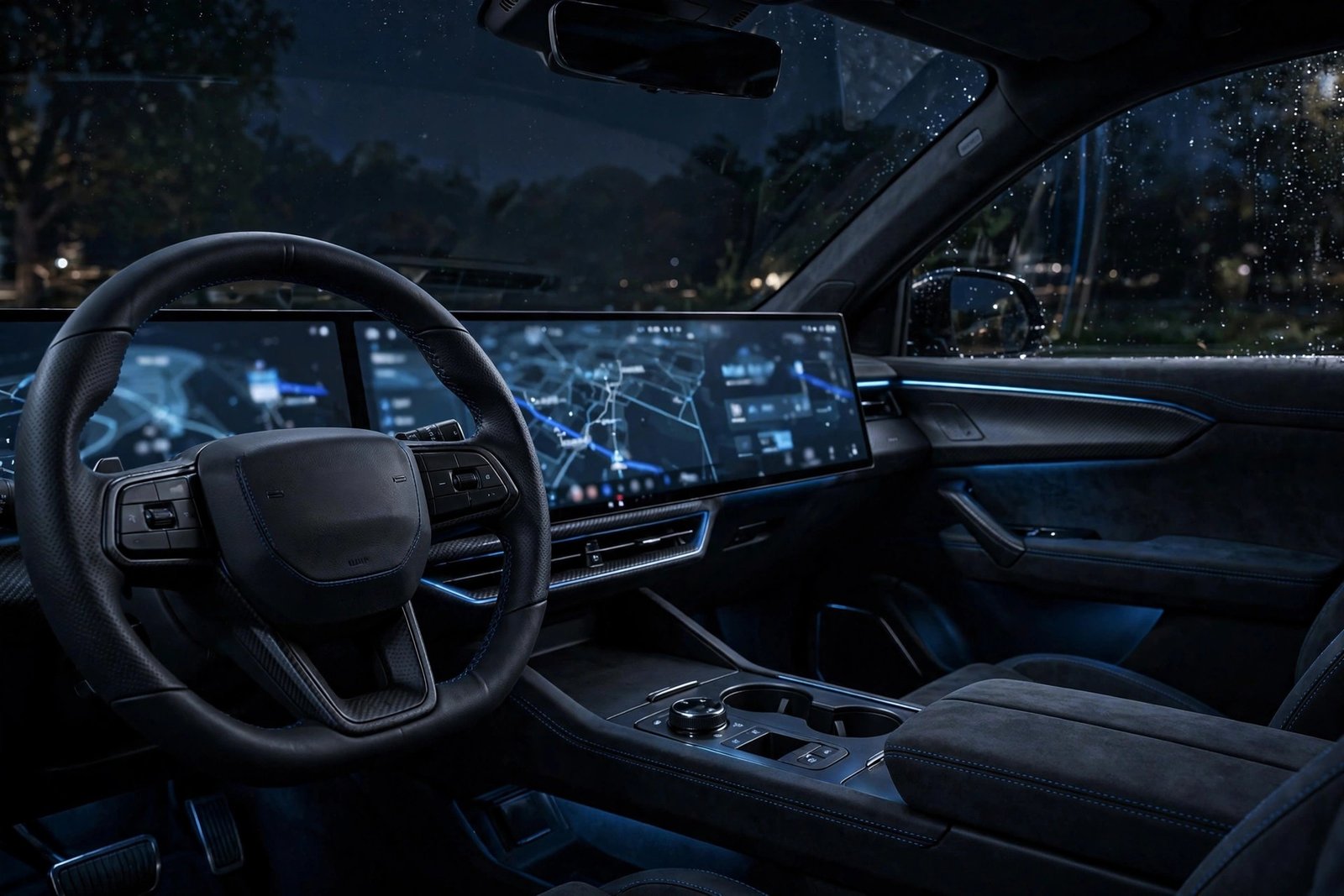 Digital cockpit with touchscreen in a modern electric SUV like the upcoming Mahindra Thar EV